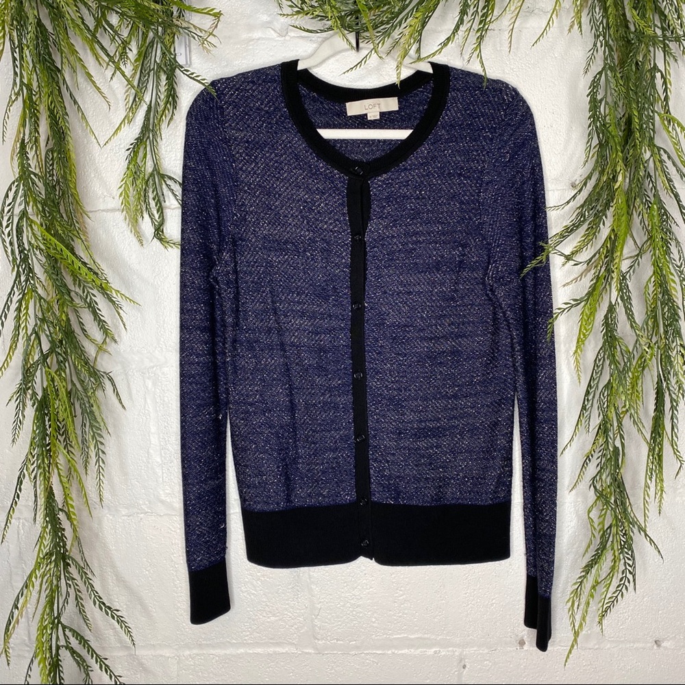 Loft Metallic Navy Blue Crew Neck Button Front Cardigan Size Medium